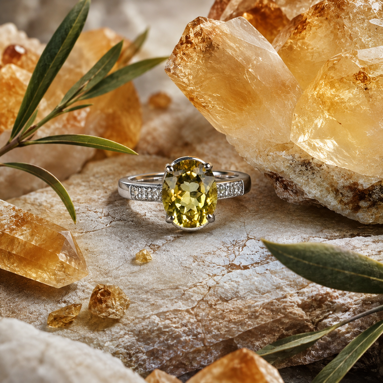 Natural Brazilian Citrine Oval Halo Adjustable Ring – 925 Sterling Silver