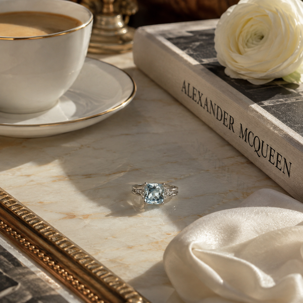 Natural Blue Topaz Cushion-Cut Split-Shank Adjustable Ring – 925 Sterling Silver