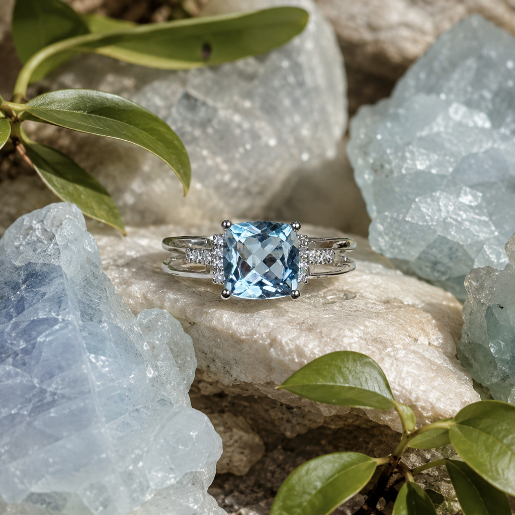 Natural Blue Topaz Cushion-Cut Split-Shank Adjustable Ring – 925 Sterling Silver