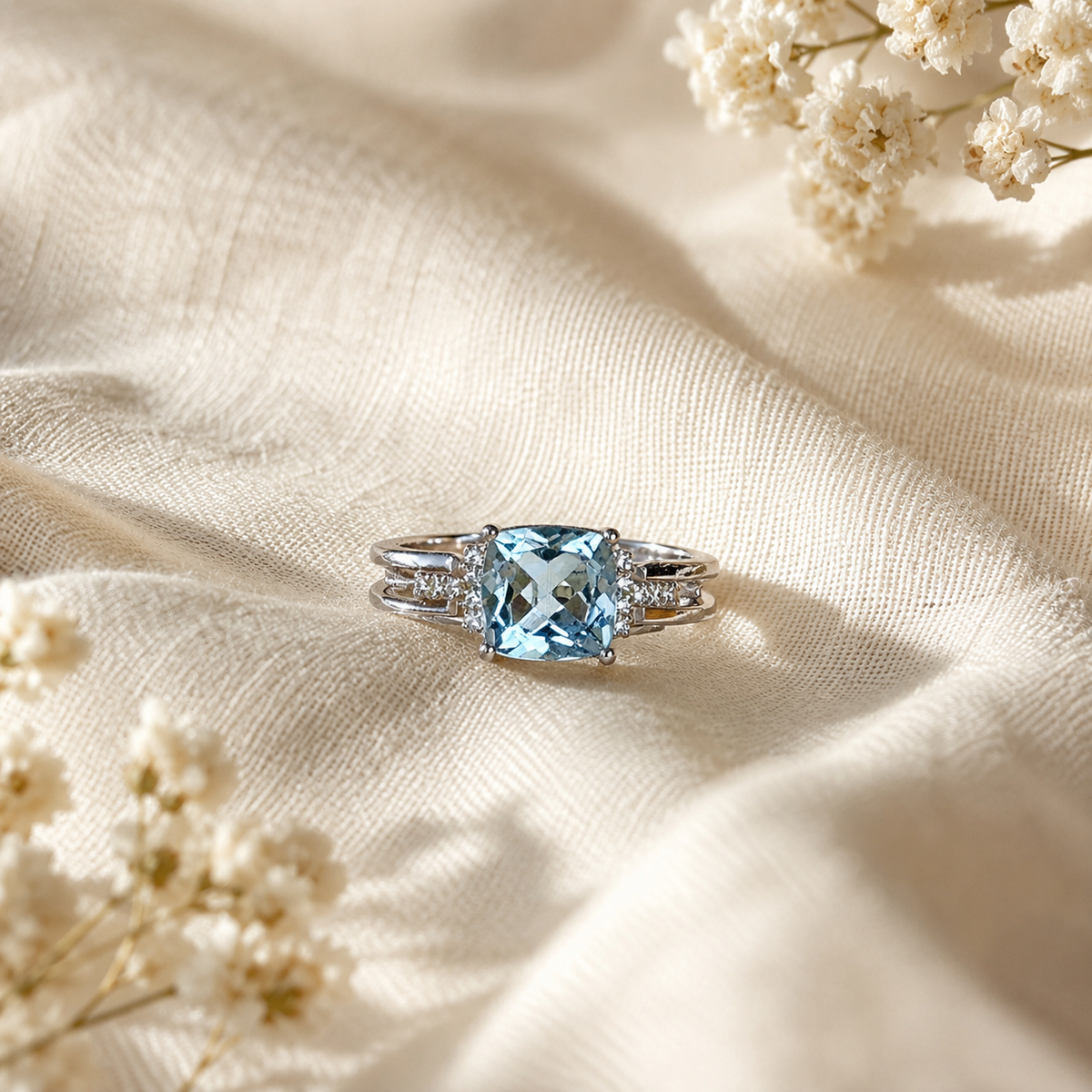 Natural Blue Topaz Cushion-Cut Split-Shank Adjustable Ring – 925 Sterling Silver