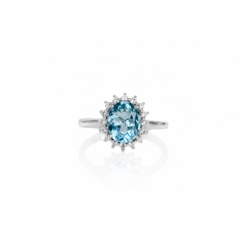 Natural Blue Topaz Oval Halo Adjustable Ring – 925 Sterling Silver