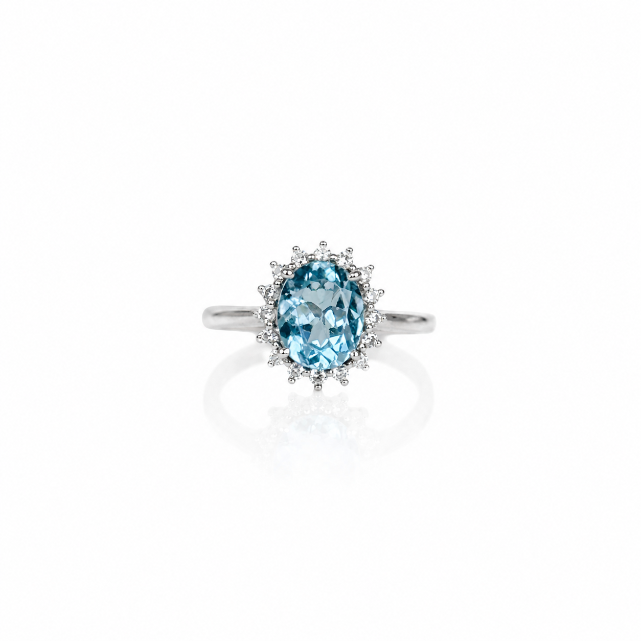 Natural Blue Topaz Oval Halo Adjustable Ring – 925 Sterling Silver