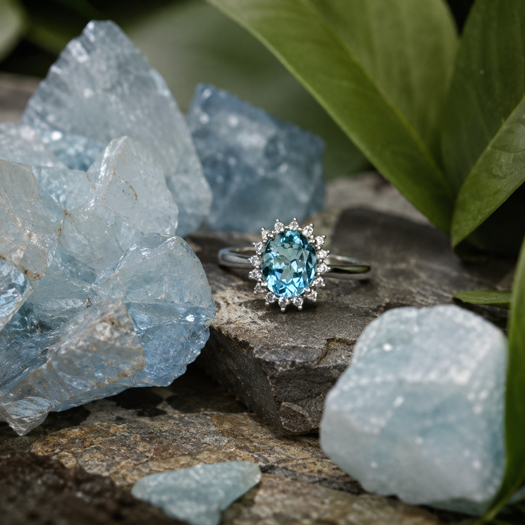 Natural Blue Topaz Oval Halo Adjustable Ring – 925 Sterling Silver