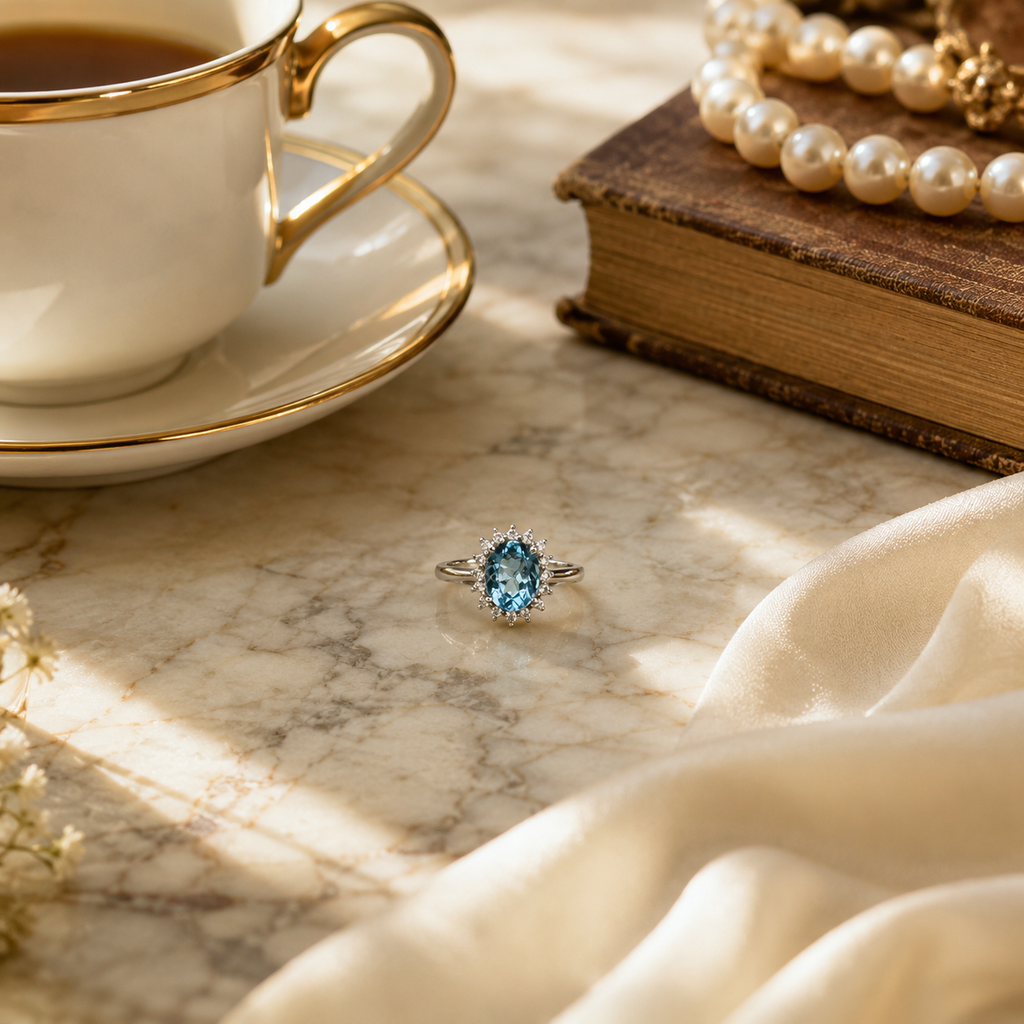 Natural Blue Topaz Oval Halo Adjustable Ring – 925 Sterling Silver