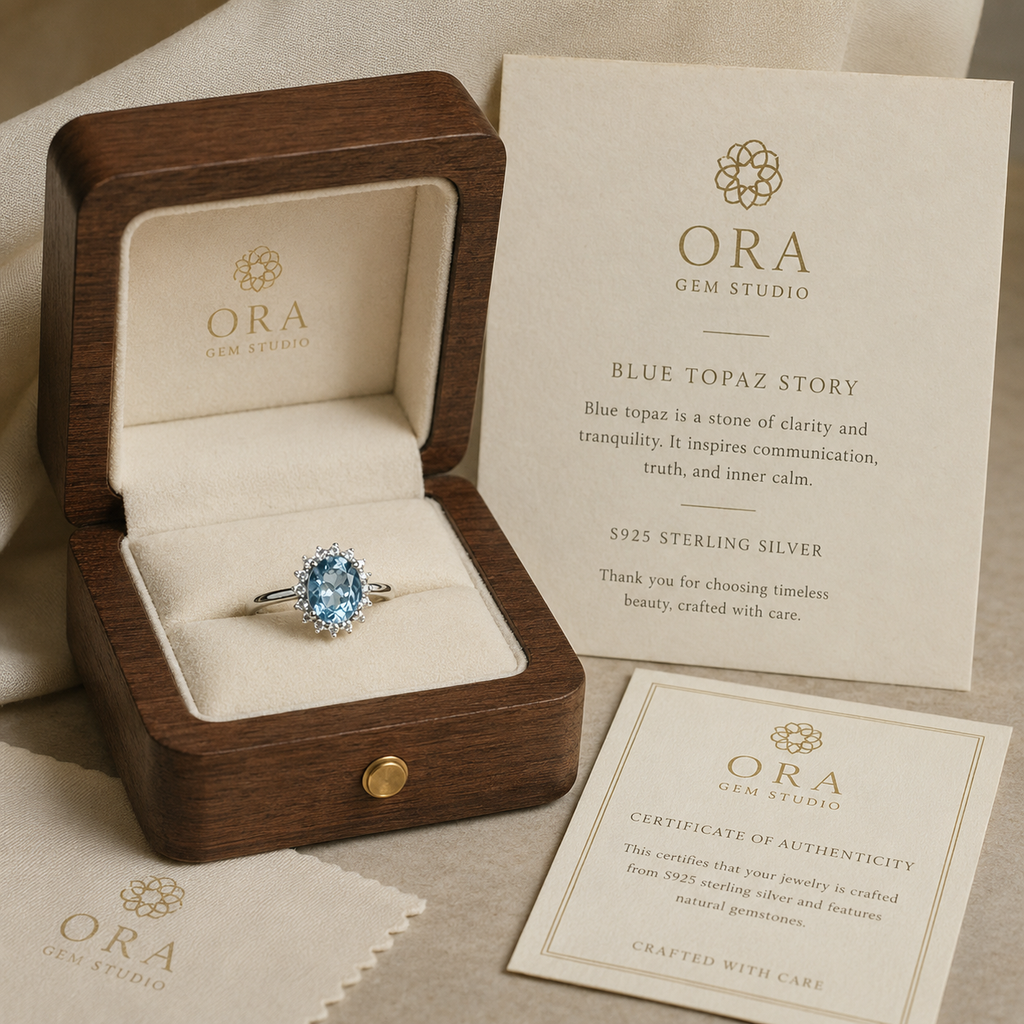 Natural Blue Topaz Oval Halo Adjustable Ring – 925 Sterling Silver
