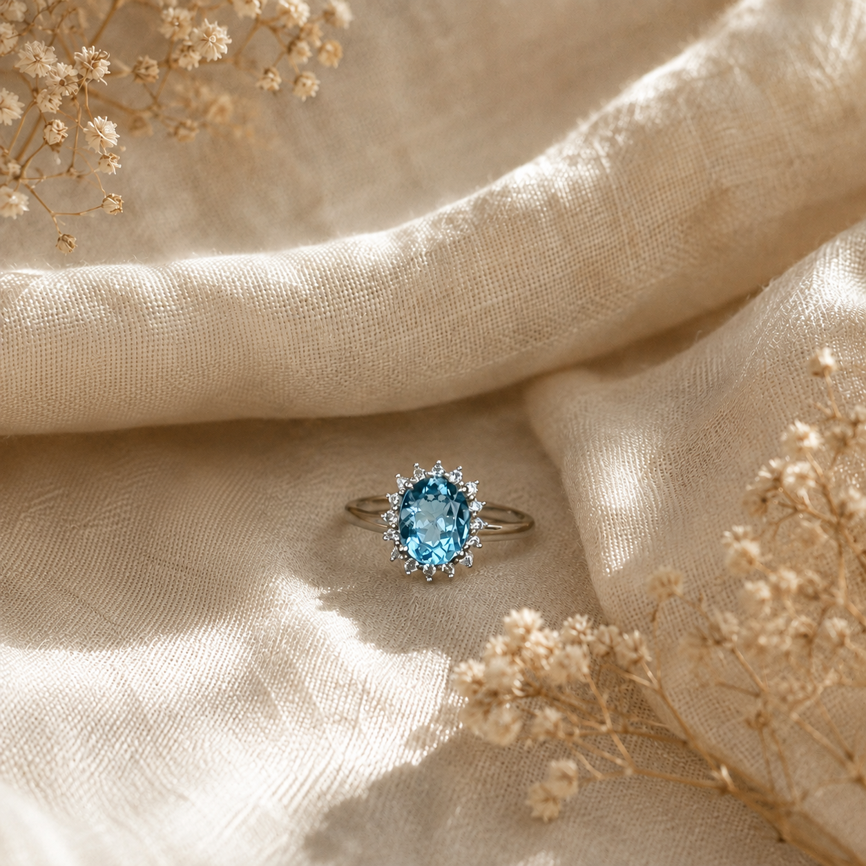 Natural Blue Topaz Oval Halo Adjustable Ring – 925 Sterling Silver