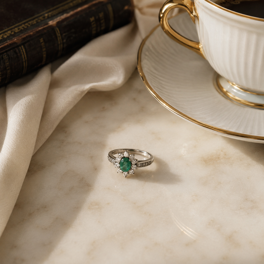 Natural Emerald Oval Cross-Halo Adjustable Ring – 925 Sterling Silver