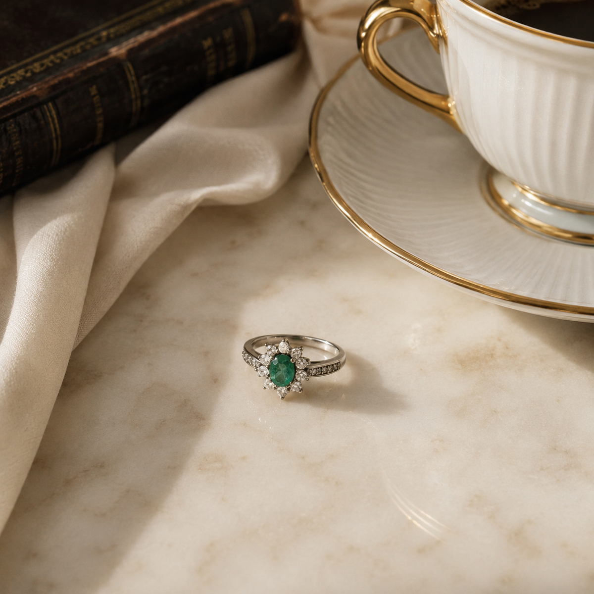 Natural Emerald Oval Cross-Halo Adjustable Ring – 925 Sterling Silver