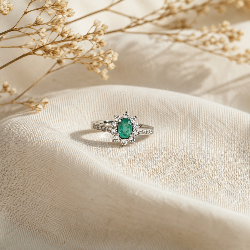 Natural Emerald Oval Cross-Halo Adjustable Ring – 925 Sterling Silver