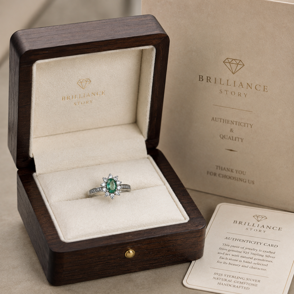 Natural Emerald Oval Cross-Halo Adjustable Ring – 925 Sterling Silver