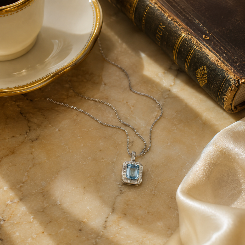 Natural Blue Topaz Emerald-Cut Halo Pendant Necklace – 925 Sterling Silver