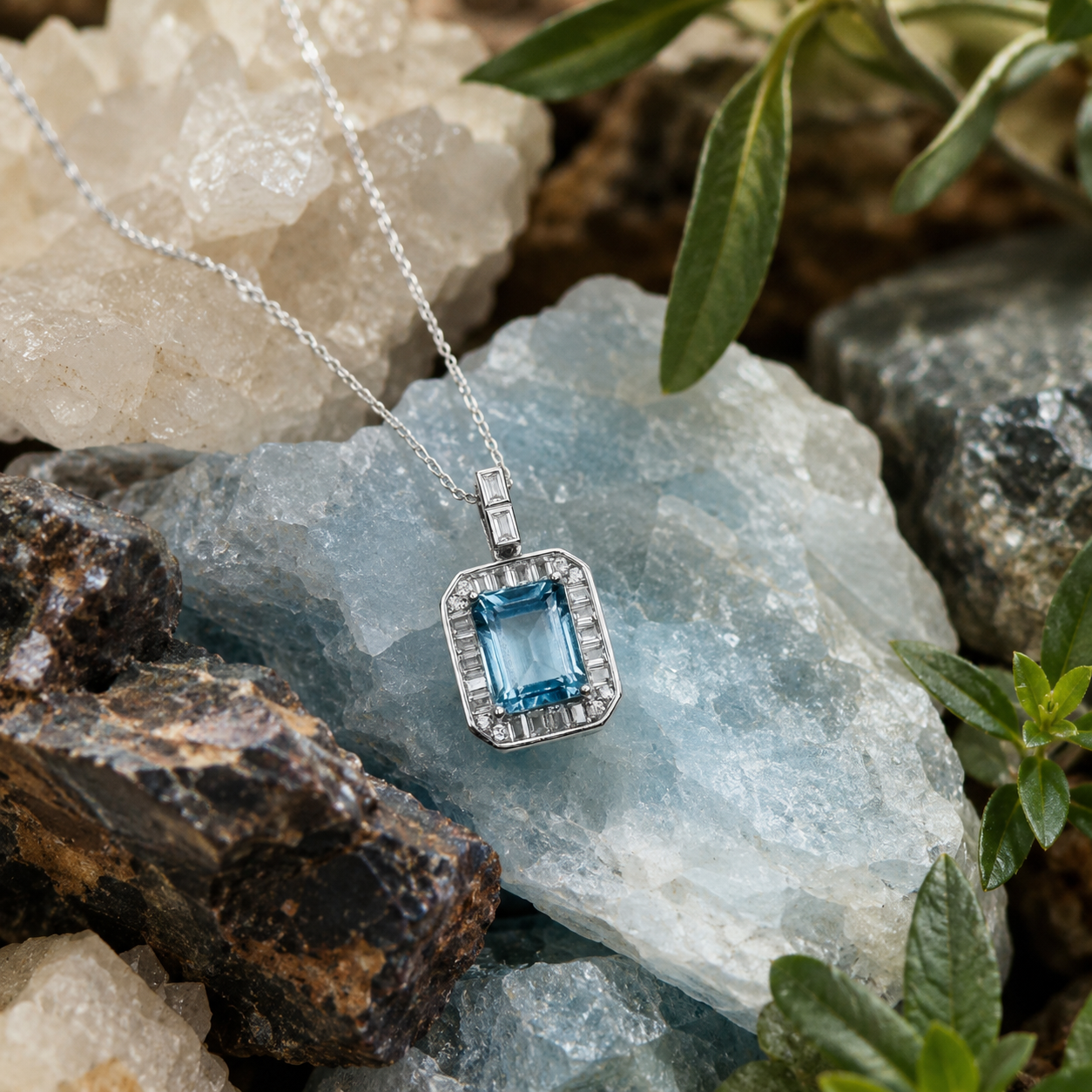 Natural Blue Topaz Emerald-Cut Halo Pendant Necklace – 925 Sterling Silver