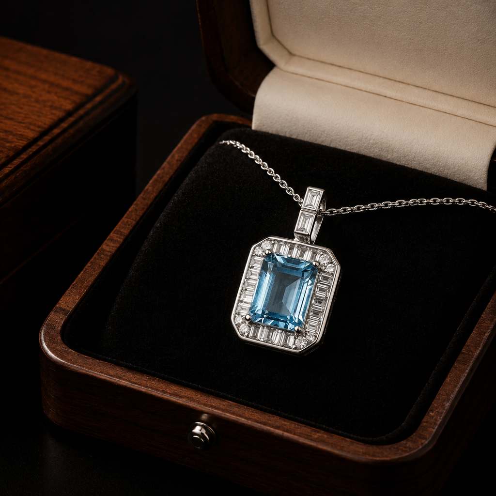 Natural Blue Topaz Emerald-Cut Halo Pendant Necklace – 925 Sterling Silver