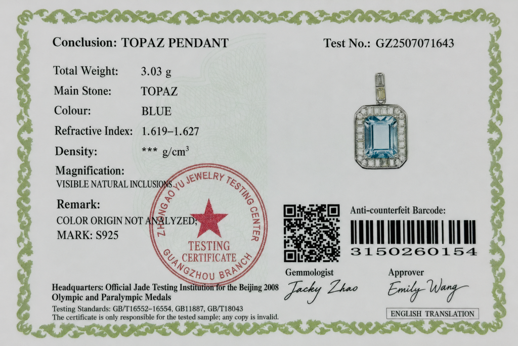 Natural Blue Topaz Emerald-Cut Halo Pendant Necklace – 925 Sterling Silver