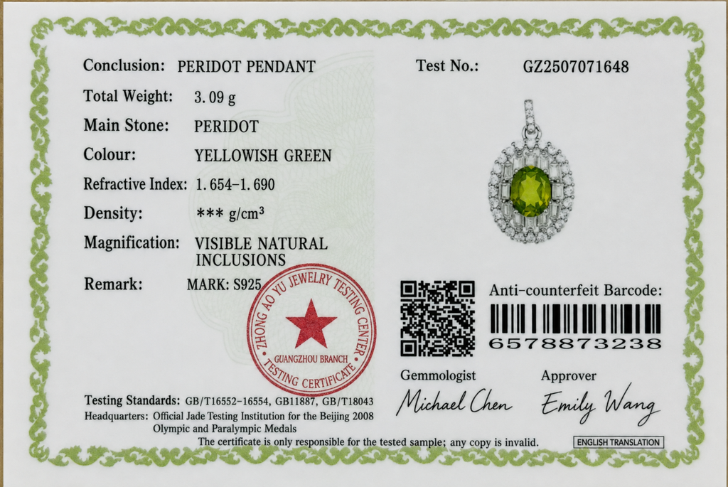 Natural Peridot Geometric Halo Pendant Necklace – 925 Sterling Silver