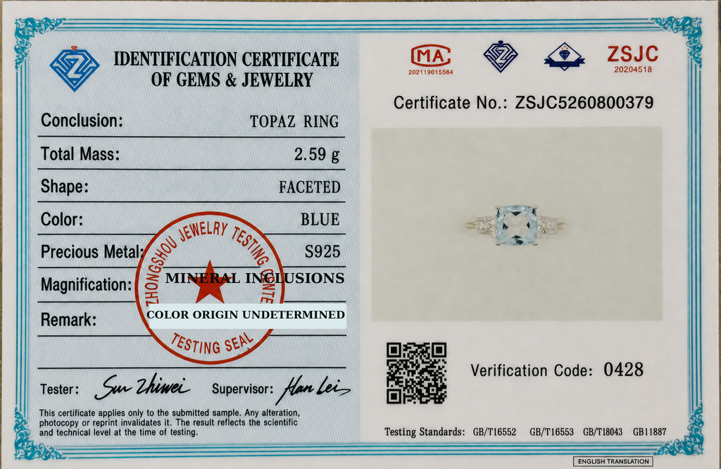 Natural Blue Topaz Cushion-Cut Split-Shank Adjustable Ring – 925 Sterling Silver
