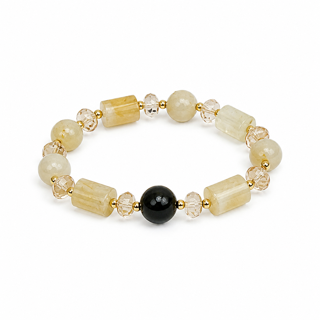 Genuine Natural Citrine & Obsidian Beaded Stretch Bracelet, Hand‑Crafted Mixed Natural Gemstone | Made To Order