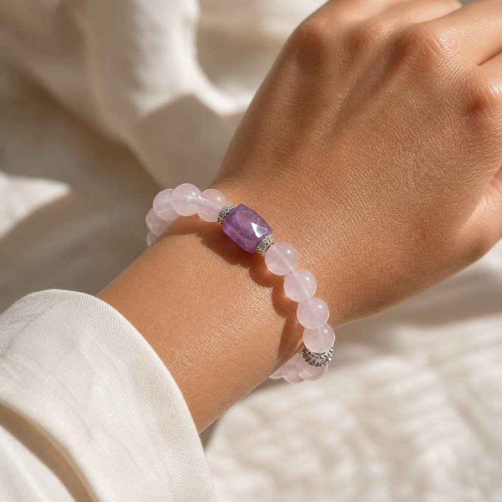 Genuine Natural Rose Quartz & Amethyst Beaded Stretch Bracelet, Hand‑Crafted Mixed Natural Gemstone | Made To Order