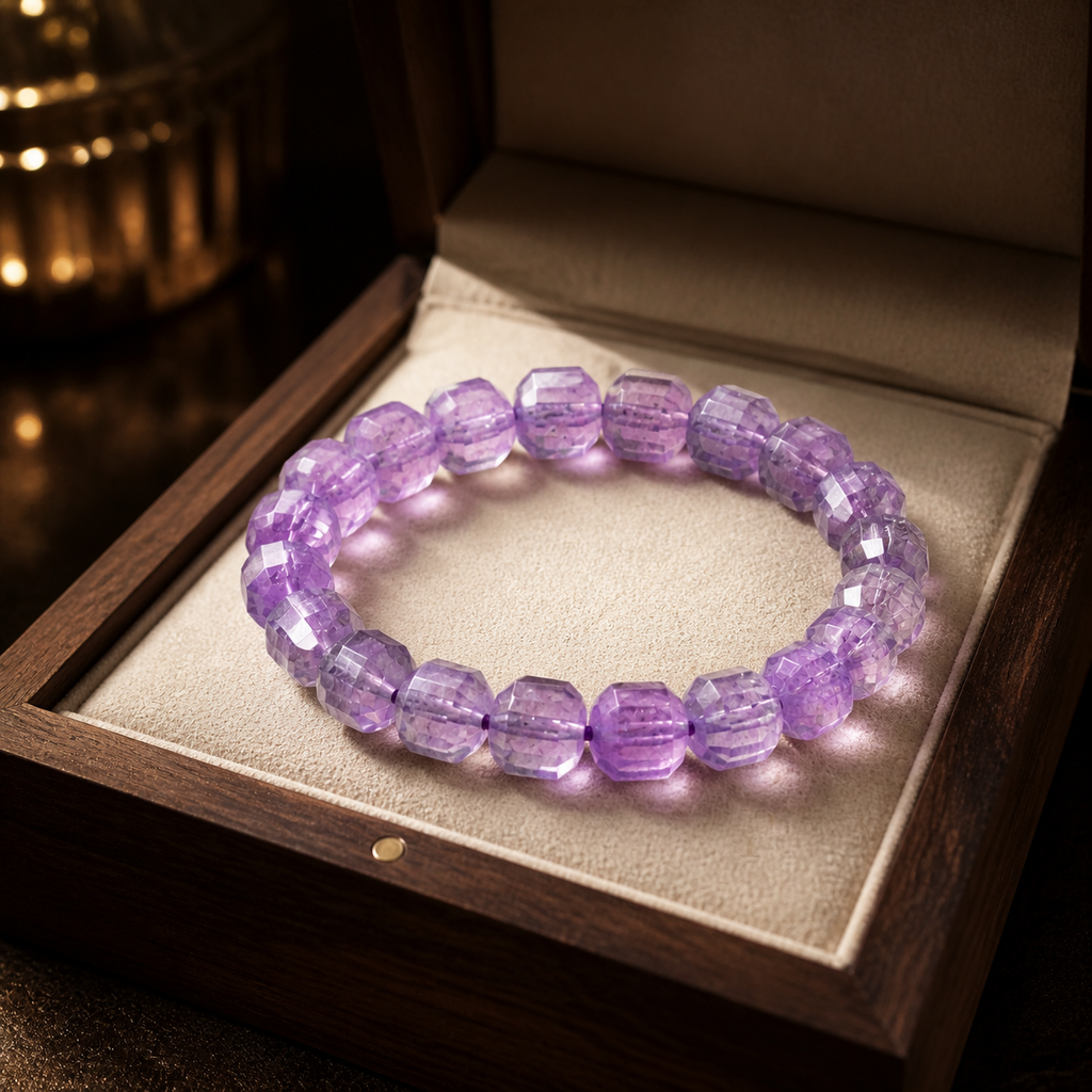 Natural Amethyst Square Cube Beaded Stretch Bracelet | Made to Order