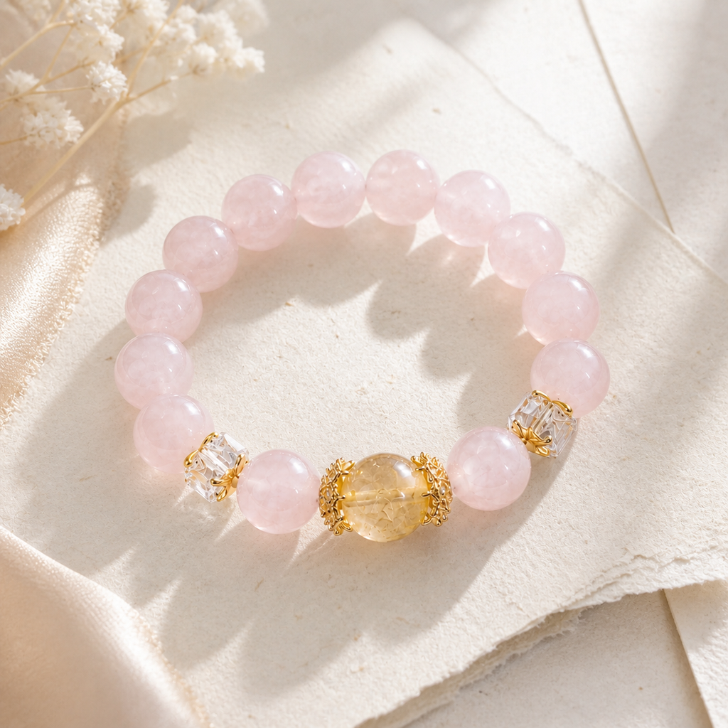 Genuine Peach Pink Natural Gemstone Beaded Stretch Bracelet, Hand‑Crafted Rose Quartz & Citrine | Made To Order