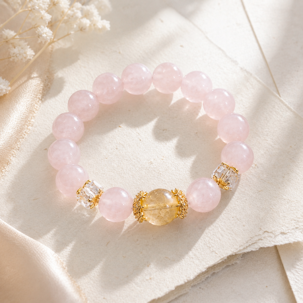 Genuine Peach Pink Natural Gemstone Beaded Stretch Bracelet, Hand‑Crafted Rose Quartz & Citrine | Made To Order