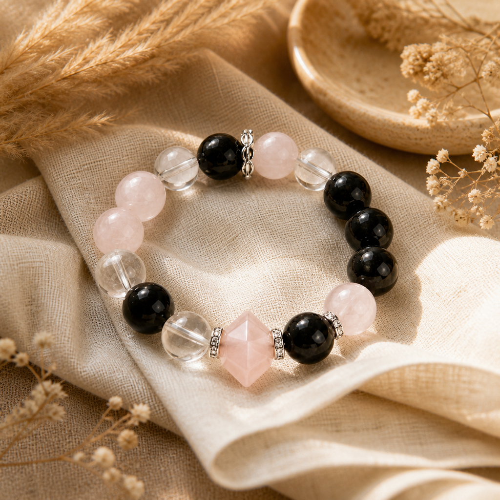 Natural Rose Quartz & Obsidian Beaded Stretch Bracelet  | Made to Order