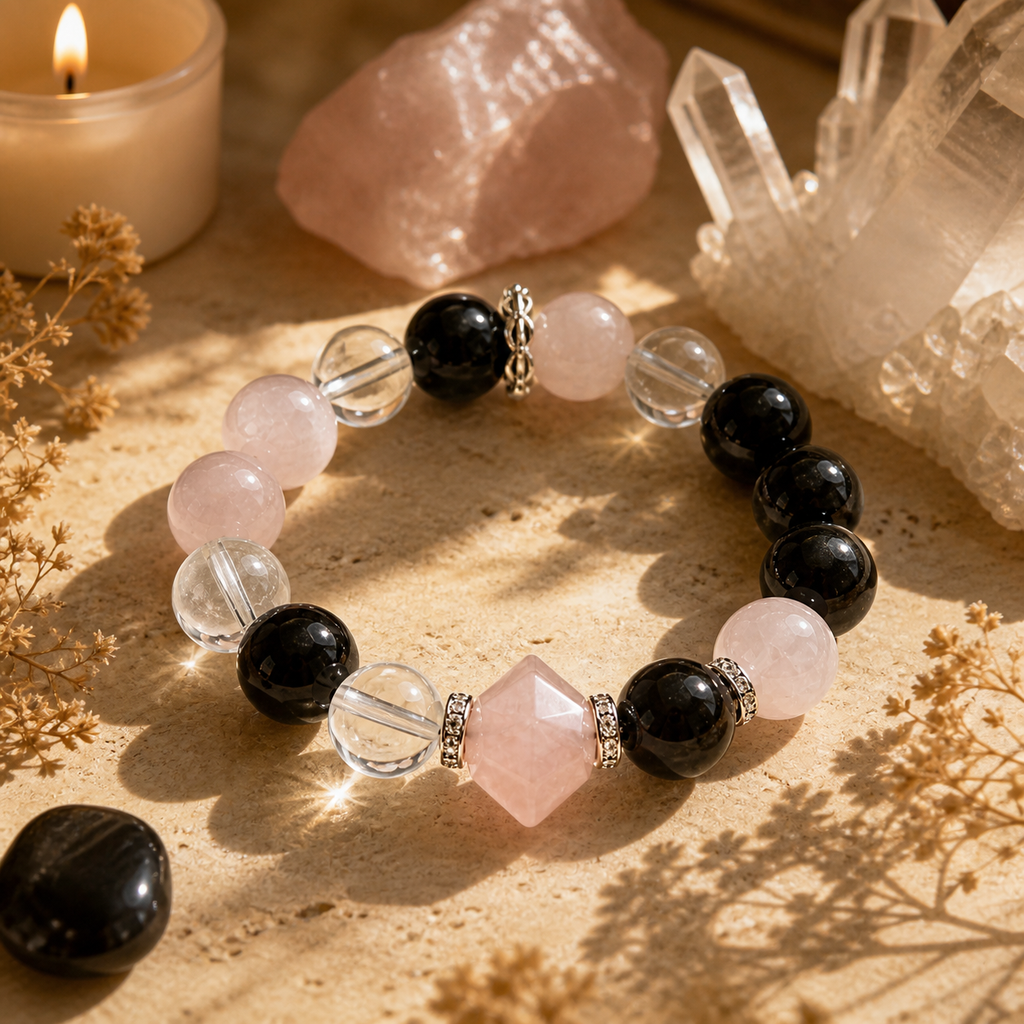 Natural Rose Quartz & Obsidian Beaded Stretch Bracelet  | Made to Order