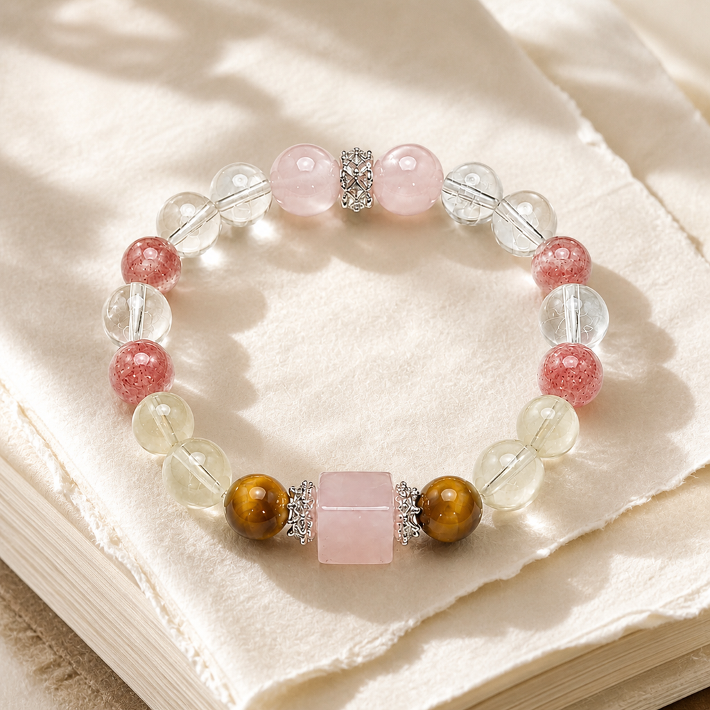 Natural Rose Quartz Cube Sugar Beaded Stretch Bracelet, Mixed Natural Gemstone | Made‑To‑Order Unisex Designer Bracelet