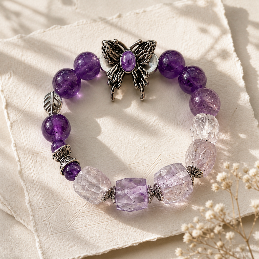 Genuine Amethyst Purple Butterfly Beaded Stretch Bracelet, Hand‑Crafted Clear Quartz Mixed Gemstone | Made To Order