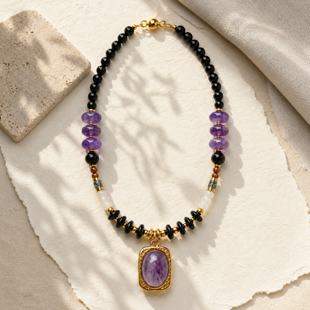 Handmade Natural Amethyst Beaded Pendant Necklace, Unisex | Made‑to‑Order
