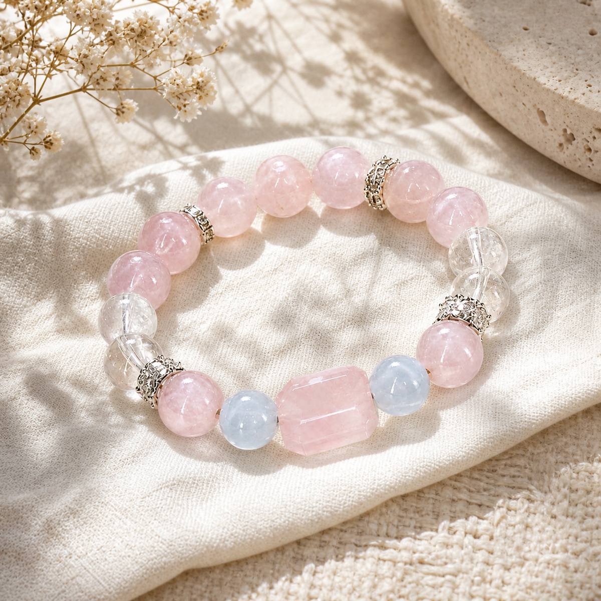 Genuine Icy Pink Natural Gemstone Beaded Stretch Bracelet, Hand‑Crafted Cool‑Tone Mixed Gemstone | Made To Order