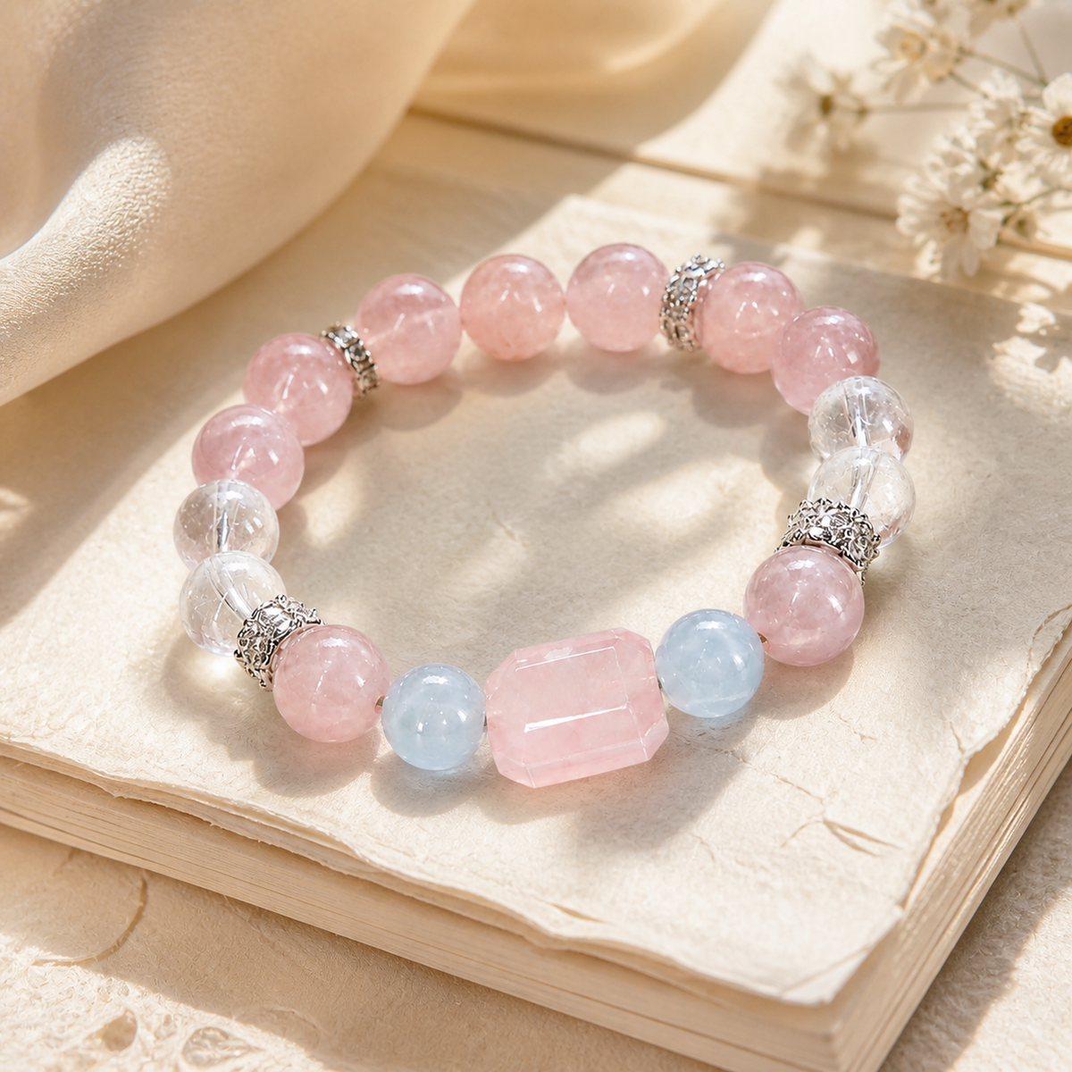 Genuine Icy Pink Natural Gemstone Beaded Stretch Bracelet, Hand‑Crafted Cool‑Tone Mixed Gemstone | Made To Order