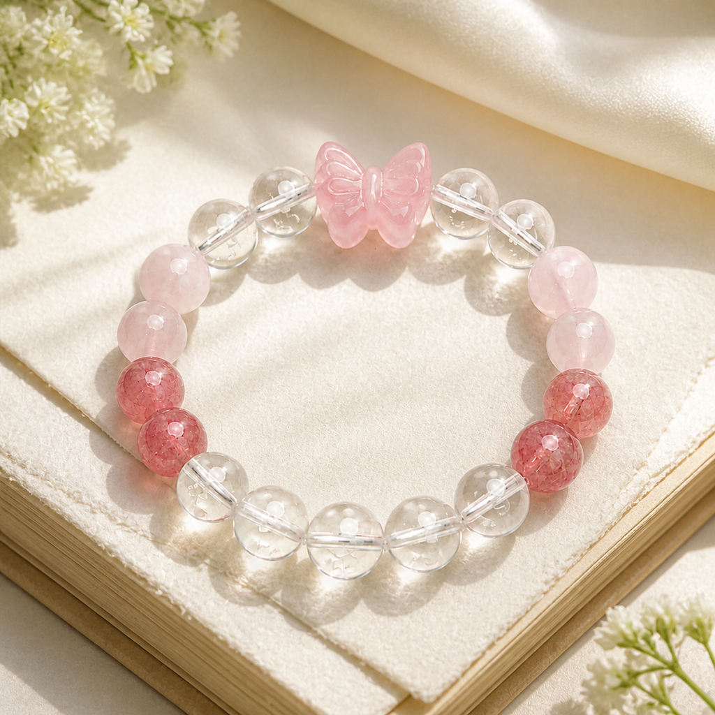 Genuine Rose Quartz Bow & Strawberry Quartz Beaded Stretch Bracelet, Hand‑Crafted Clear Quartz Mixed Gemstone | Made To Order
