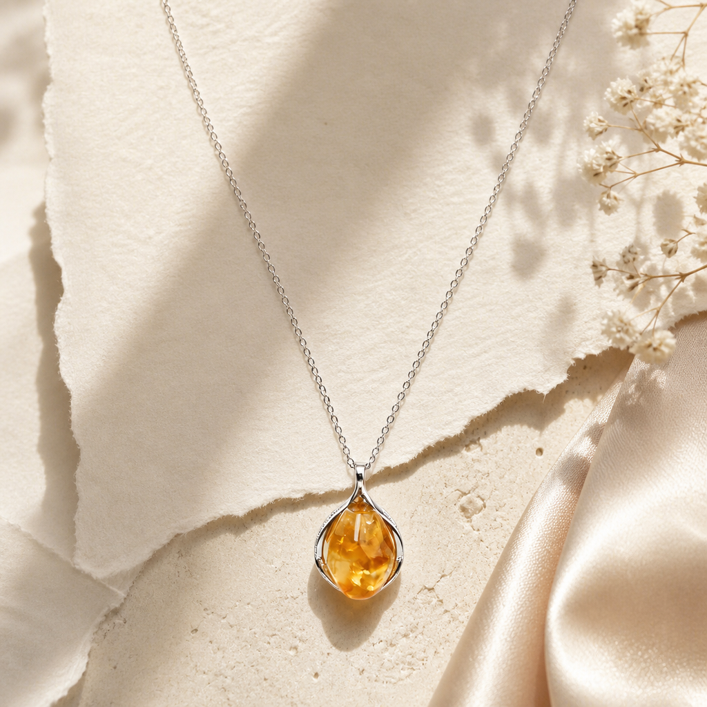Certified Natural Citrine Drop Pendant Necklace, Silver‑Plated Copper, Designer Handmade Fashion Gemstone Jewelry, Made To Order