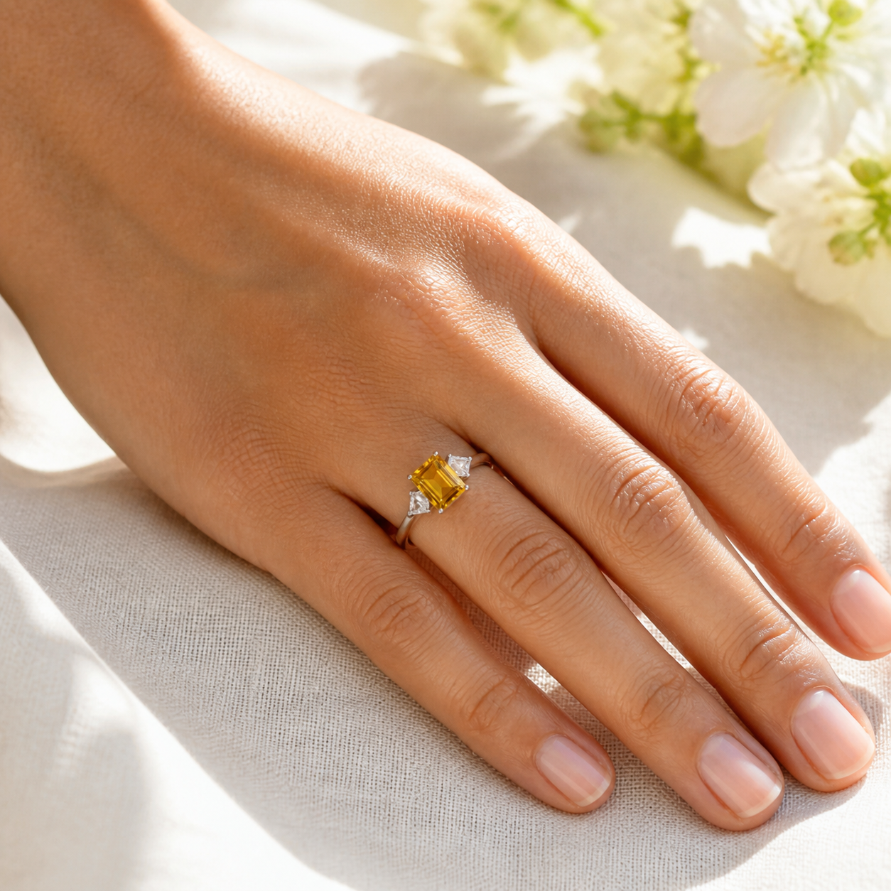 Natural Brazilian Citrine Emerald-Cut Side-Stone Adjustable Ring – 925 Sterling Silver