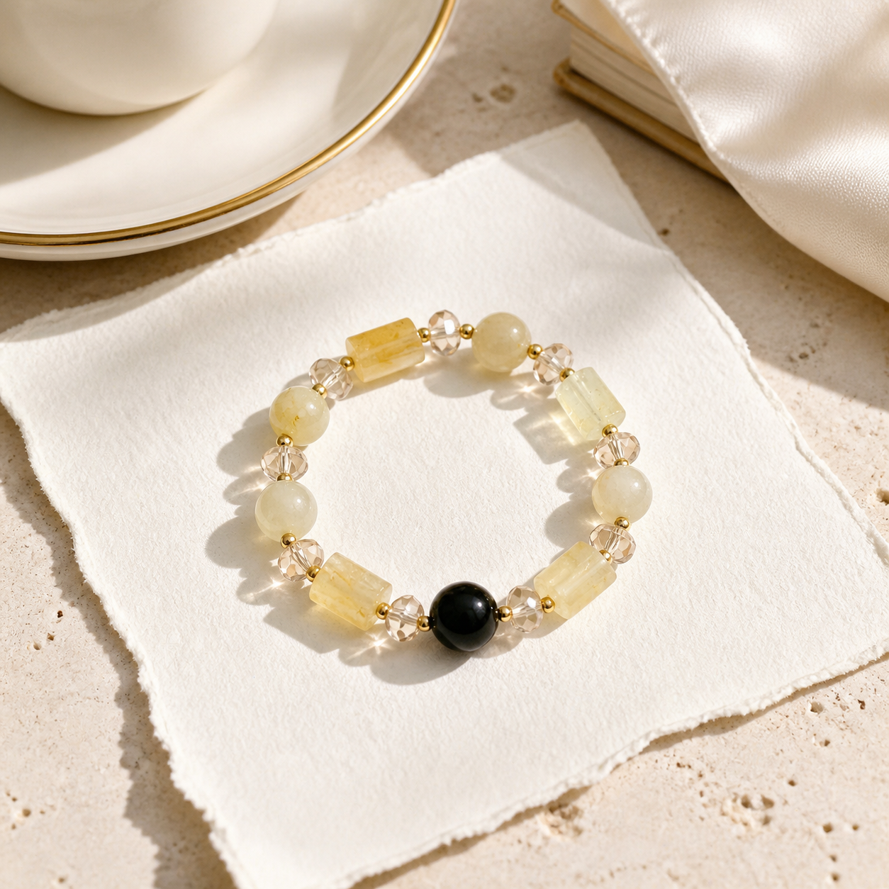 Genuine Natural Citrine & Obsidian Beaded Stretch Bracelet, Hand‑Crafted Mixed Natural Gemstone | Made To Order