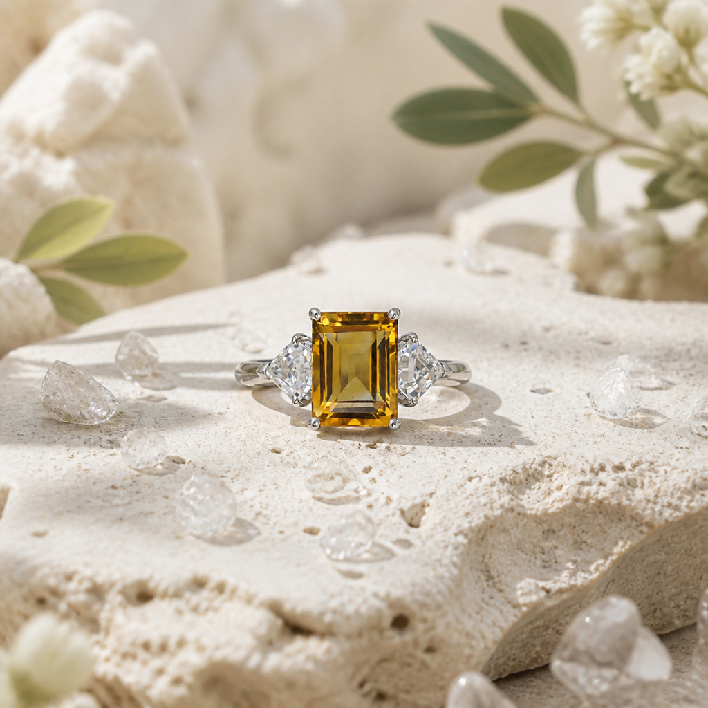 Natural Brazilian Citrine Emerald-Cut Side-Stone Adjustable Ring – 925 Sterling Silver