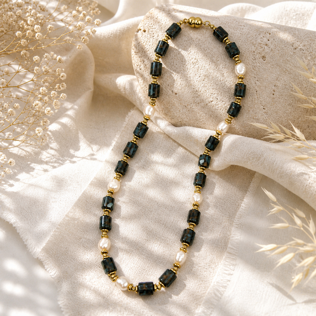 Handmade Natural Turquoise Agate & Pearl Beaded Necklace, Unisex | Made‑to‑Order
