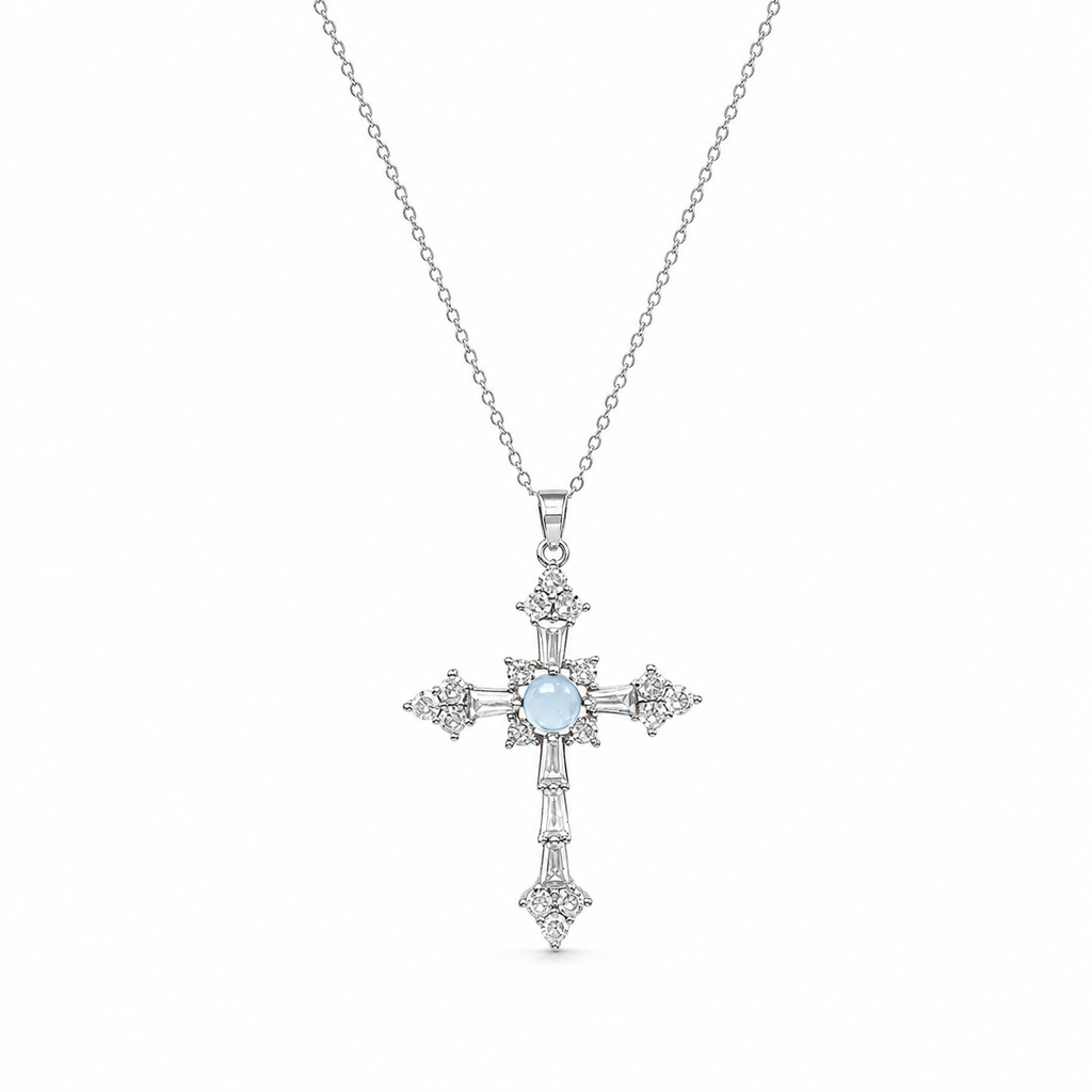 Natural Aquamarine Cross Pendant Necklace, Silver‑Plated Copper, Unisex Designer Handmade Fashion Gemstone Jewelry, Made To Order
