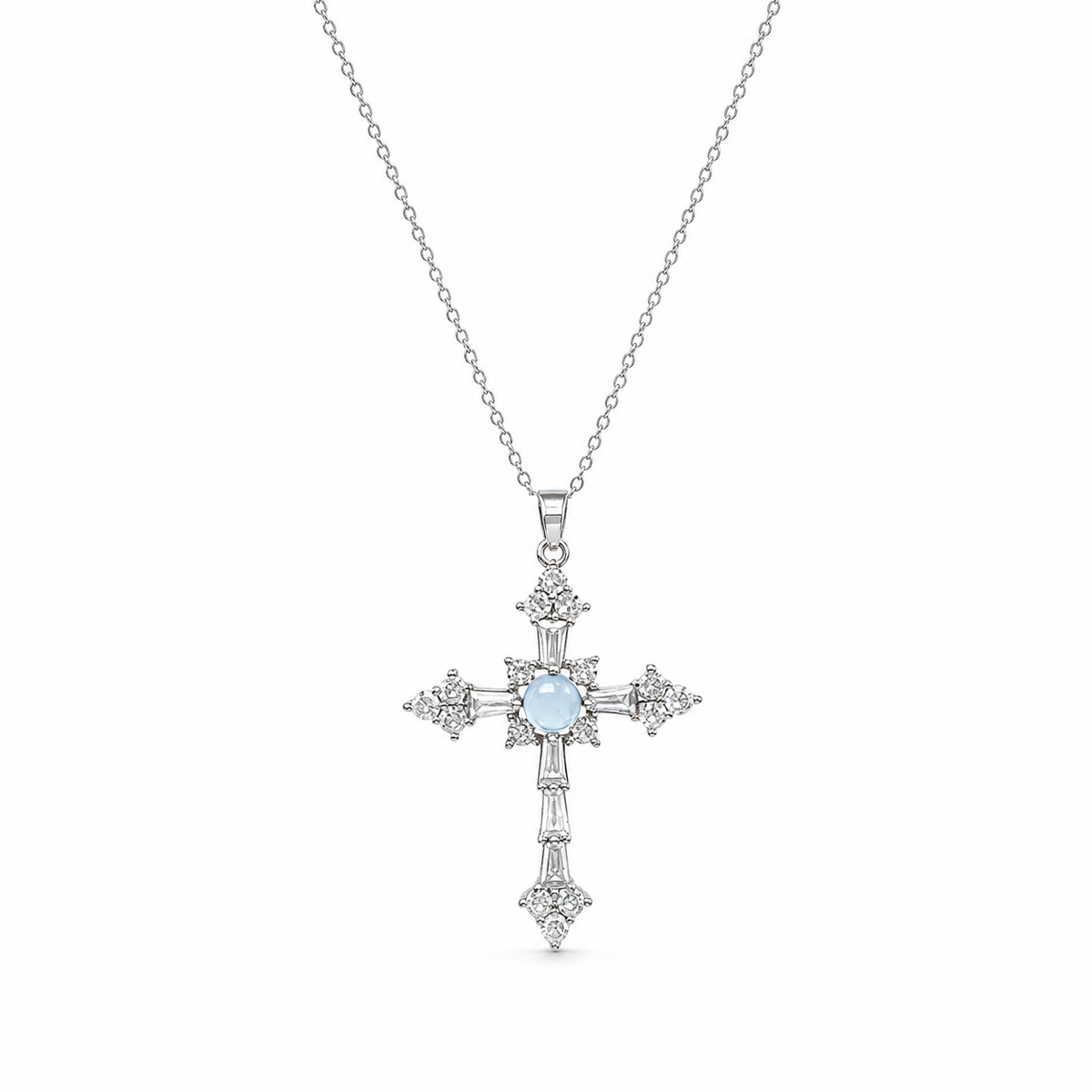 Natural Aquamarine Cross Pendant Necklace, Silver‑Plated Copper, Unisex Designer Handmade Fashion Gemstone Jewelry, Made To Order
