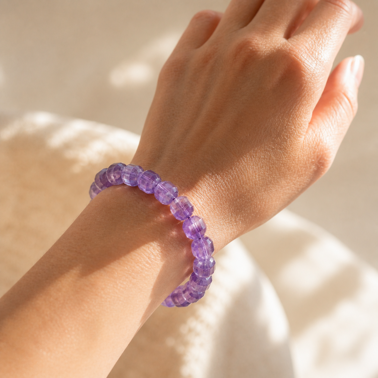 Natural Amethyst Square Cube Beaded Stretch Bracelet | Made to Order