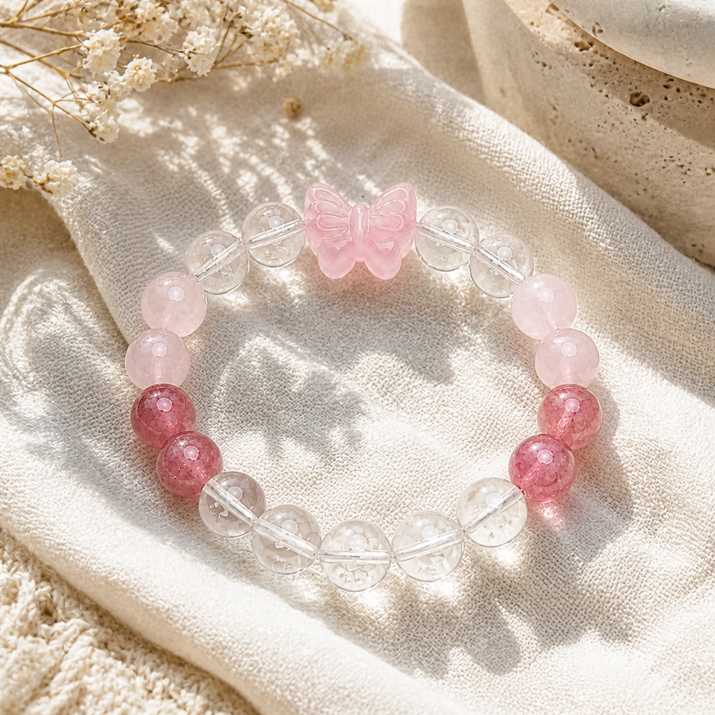Genuine Rose Quartz Bow & Strawberry Quartz Beaded Stretch Bracelet, Hand‑Crafted Clear Quartz Mixed Gemstone | Made To Order