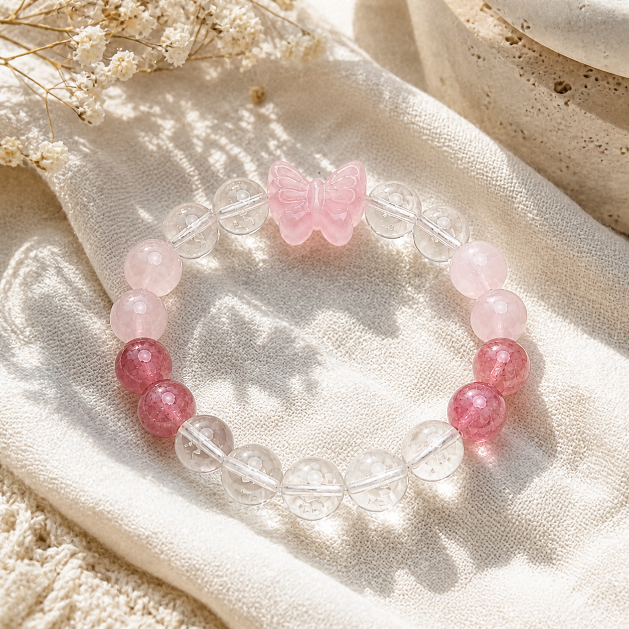 Genuine Rose Quartz Bow & Strawberry Quartz Beaded Stretch Bracelet, Hand‑Crafted Clear Quartz Mixed Gemstone | Made To Order
