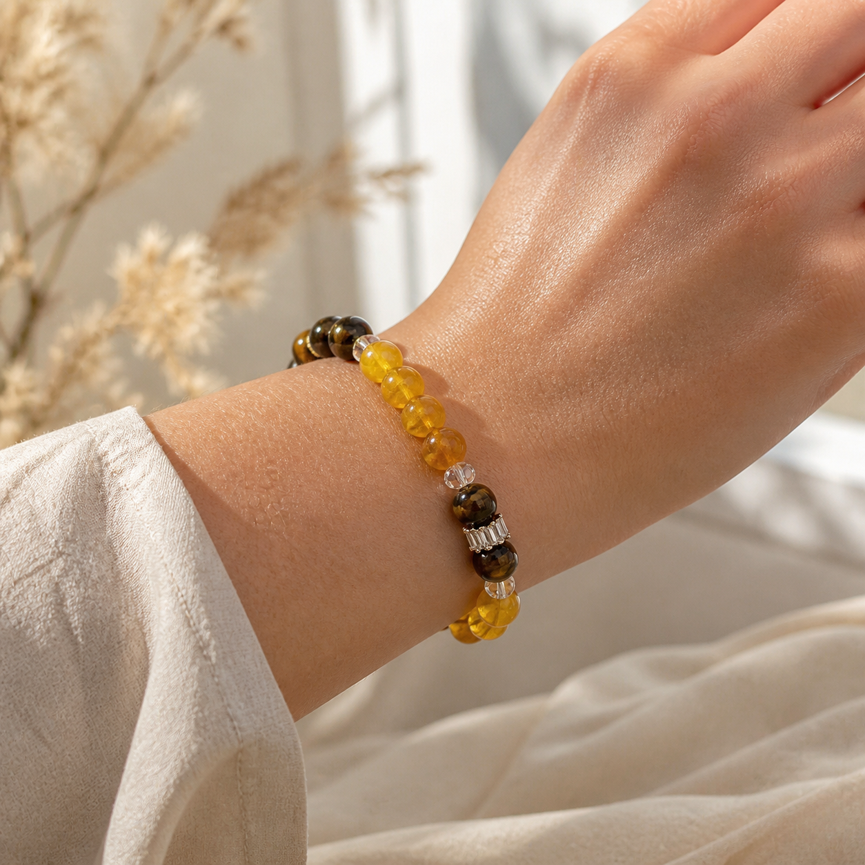 Tiger Eye & Citrine Beaded Stretch Bracelet | OraGem Studio