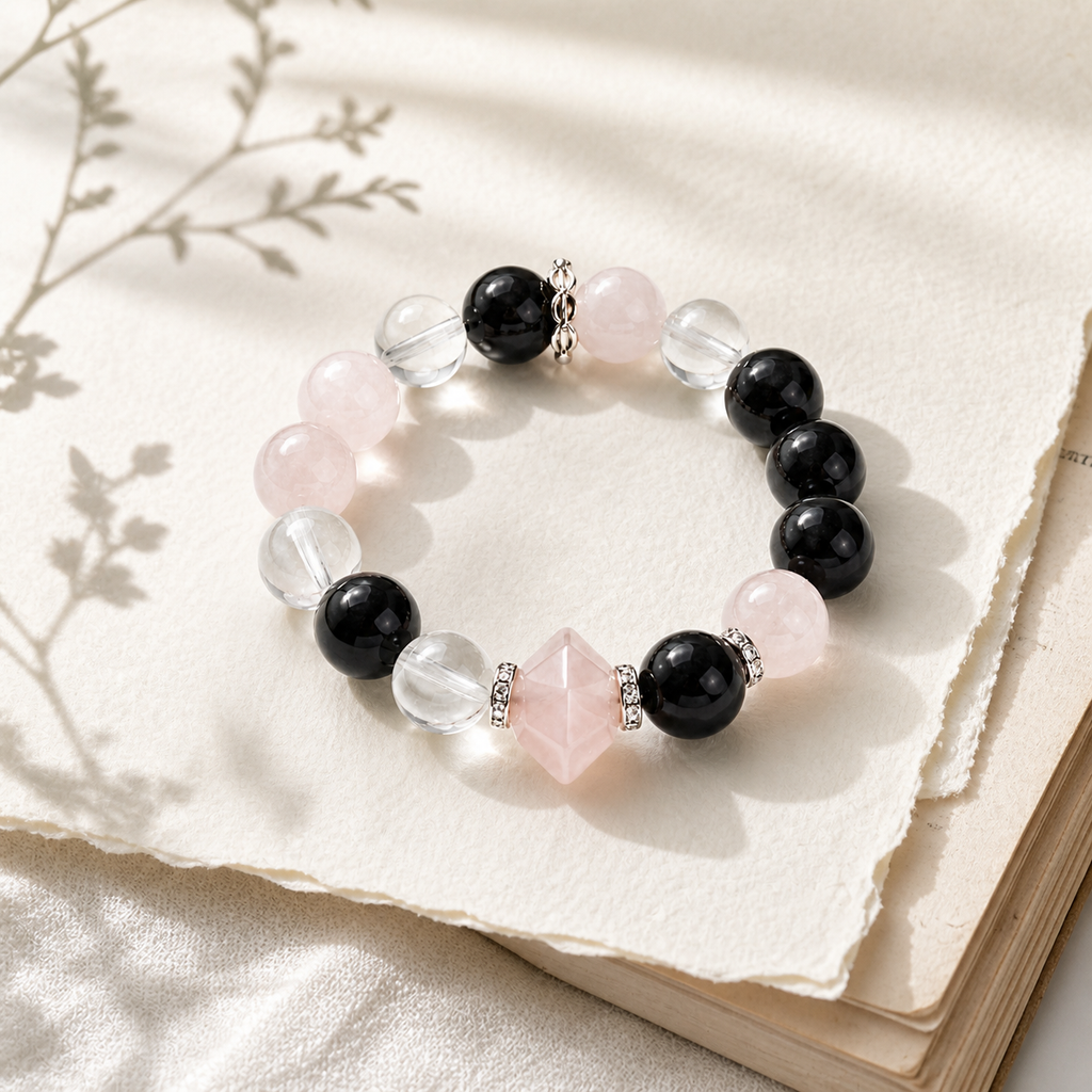 Natural Rose Quartz & Obsidian Beaded Stretch Bracelet  | Made to Order