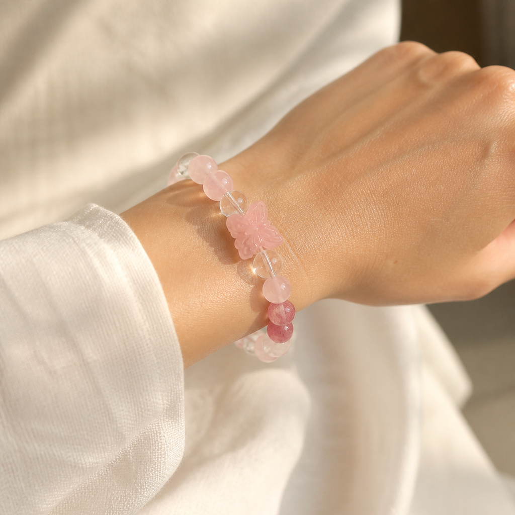 Genuine Rose Quartz Bow & Strawberry Quartz Beaded Stretch Bracelet, Hand‑Crafted Clear Quartz Mixed Gemstone | Made To Order