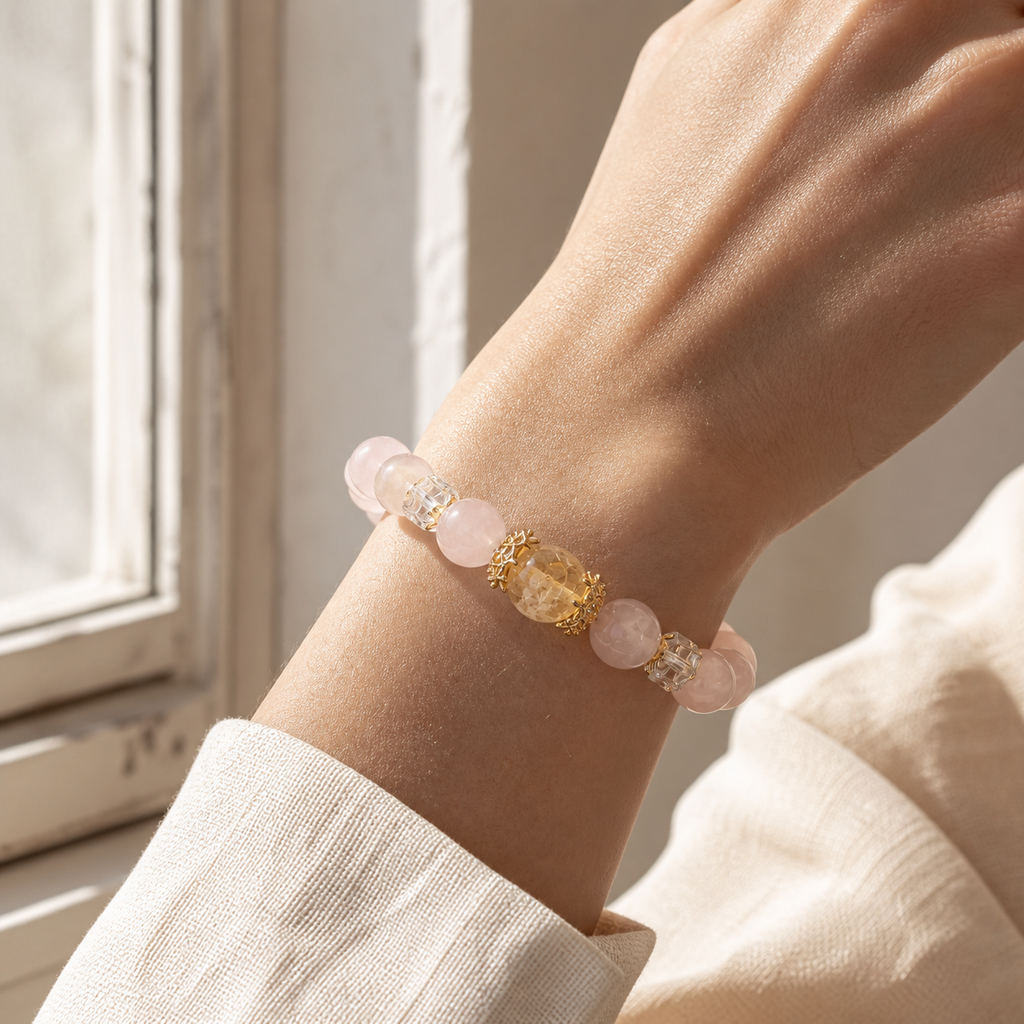 Genuine Peach Pink Natural Gemstone Beaded Stretch Bracelet, Hand‑Crafted Rose Quartz & Citrine | Made To Order