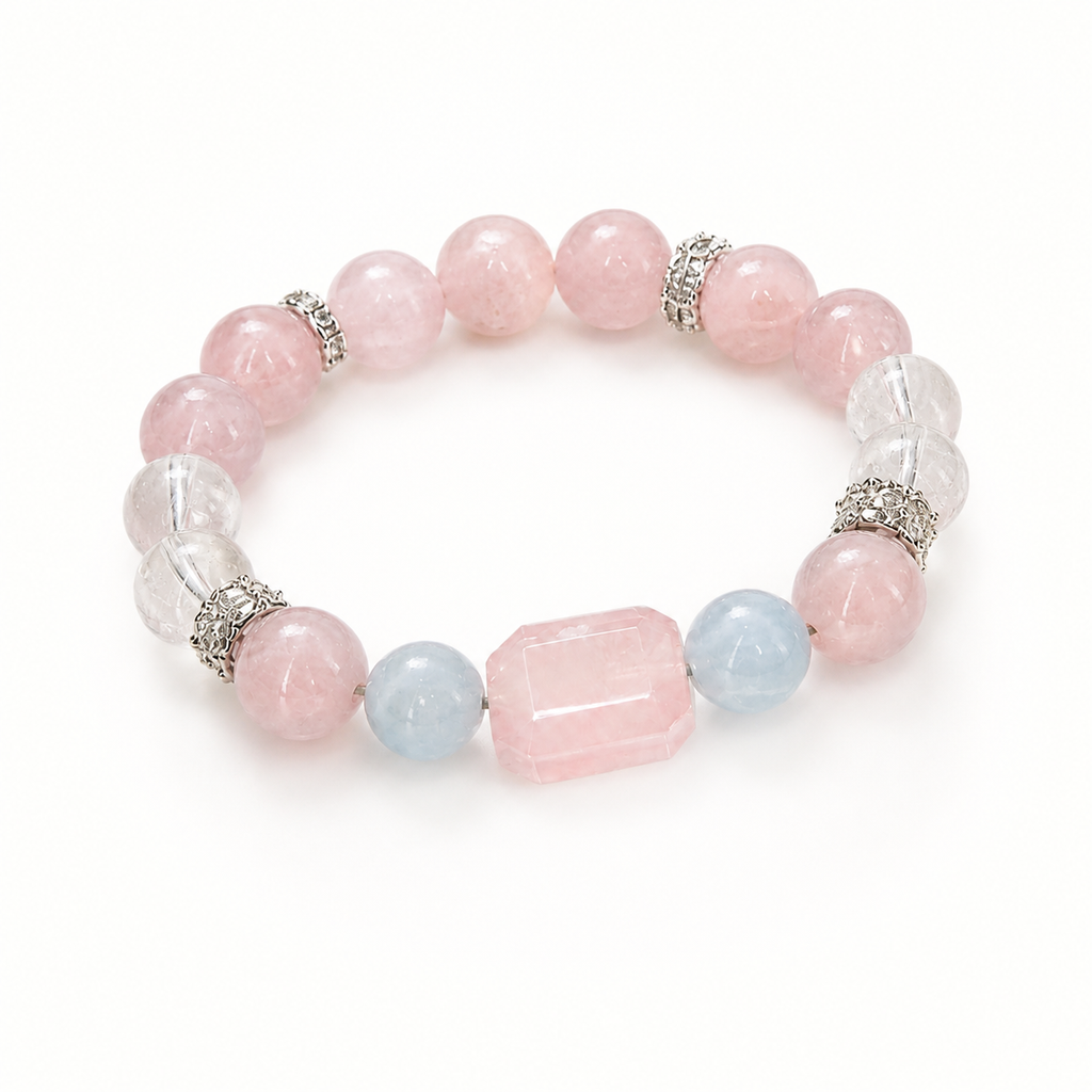 Genuine Icy Pink Natural Gemstone Beaded Stretch Bracelet, Hand‑Crafted Cool‑Tone Mixed Gemstone | Made To Order