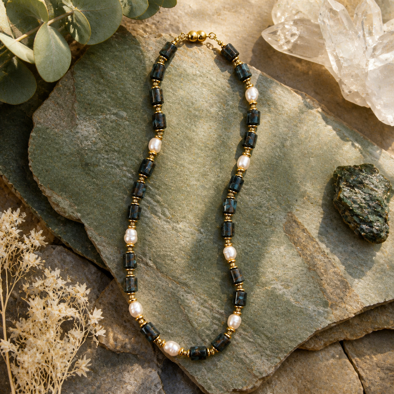 Handmade Natural Turquoise Agate & Pearl Beaded Necklace, Unisex | Made‑to‑Order