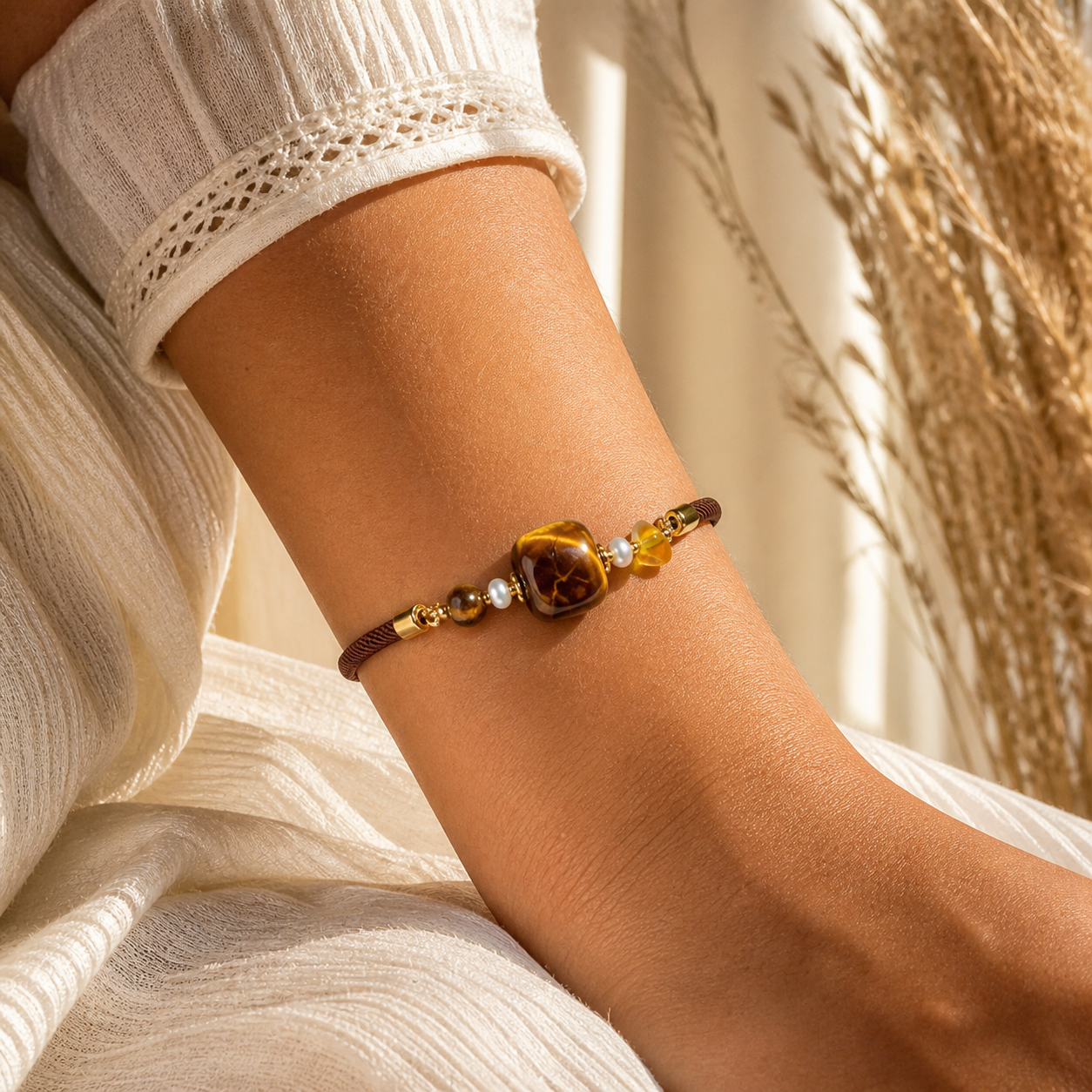 Genuine Square Tiger Eye Beaded Bracelet, Hand‑Strung Natural Tiger's Eye Cube Gemstone | Made To Order